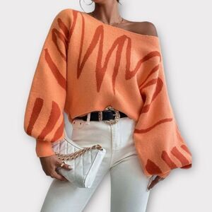 Women's Orange Abstract Patterned Sz L Crew Neck Lantern Balloon Sleeve Sweater